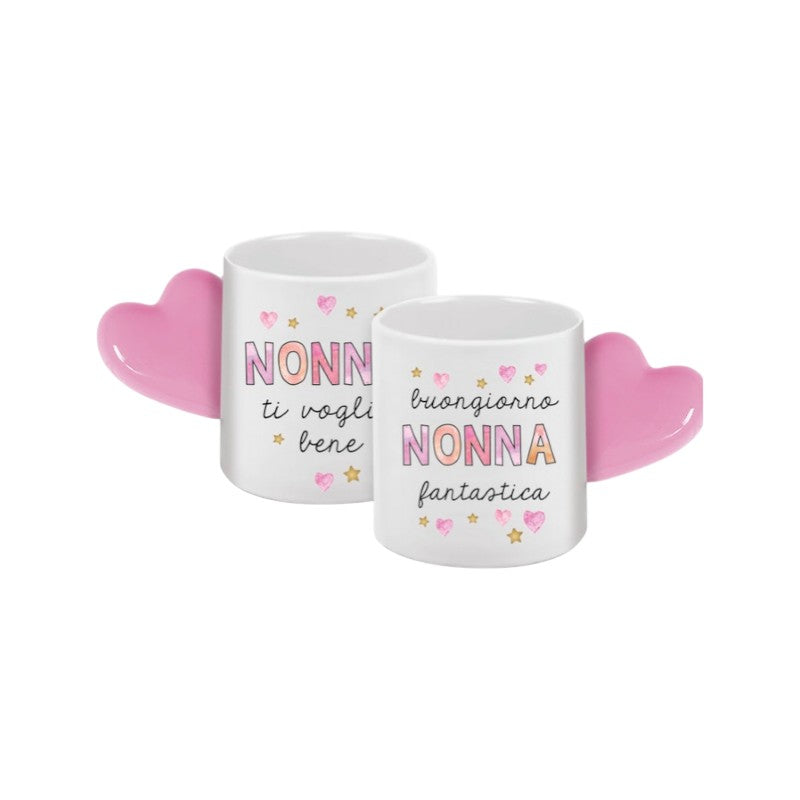 Bellissima tazzina da espresso per le festa dei nonni con il manico a forma di cuore rosa e la scritta "Buongiorno Nonna Fantastica"