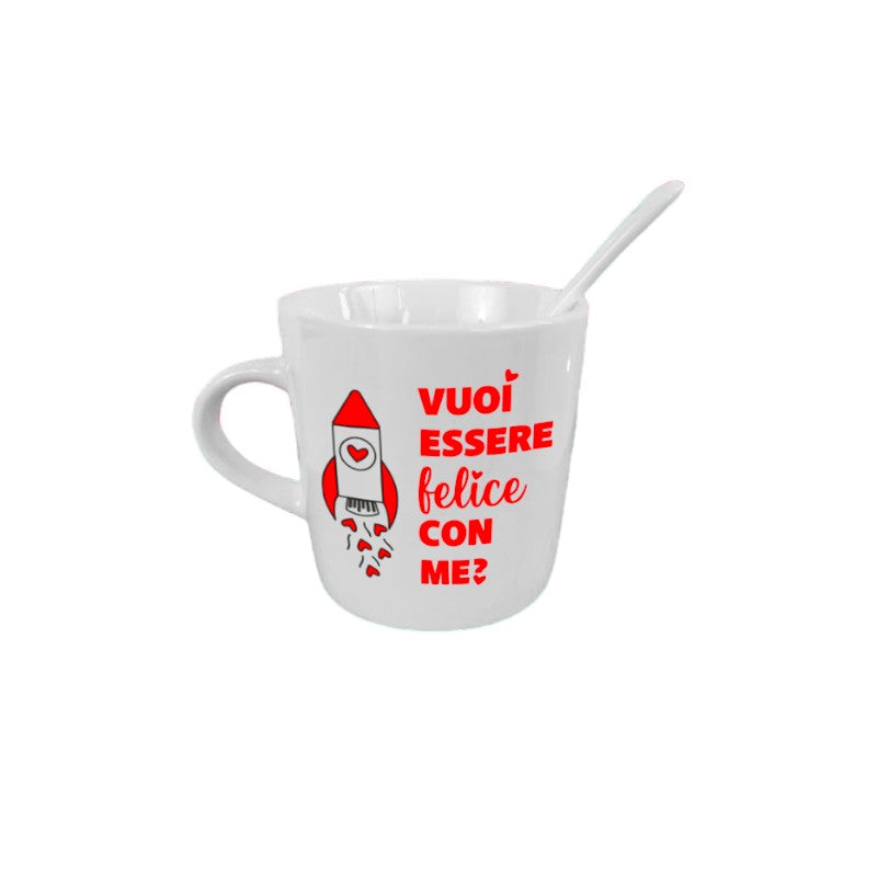 Bellissima tazzina da caffè a tema San Valentino con disegno di un razzo e la scritta "Vuoi essere felice con me?"