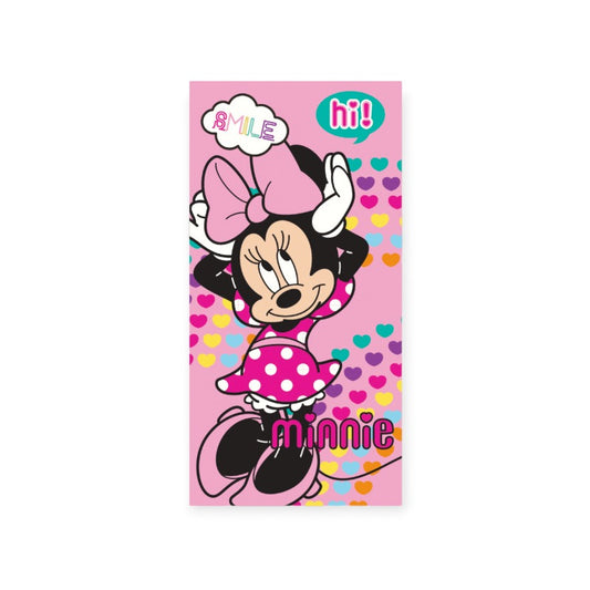 Bellissimo telo mare Disney in microfibra a tema Minnie Mouse. Design con cuori e fiocco rosa