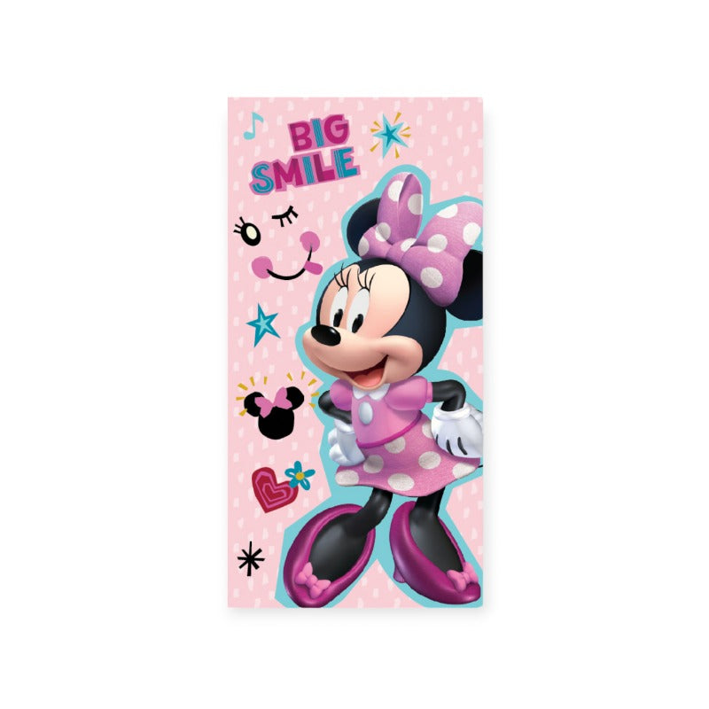 Bellissimo telo mare disney minnie mouse in microfibra. Design rosa con scritta Big Smile