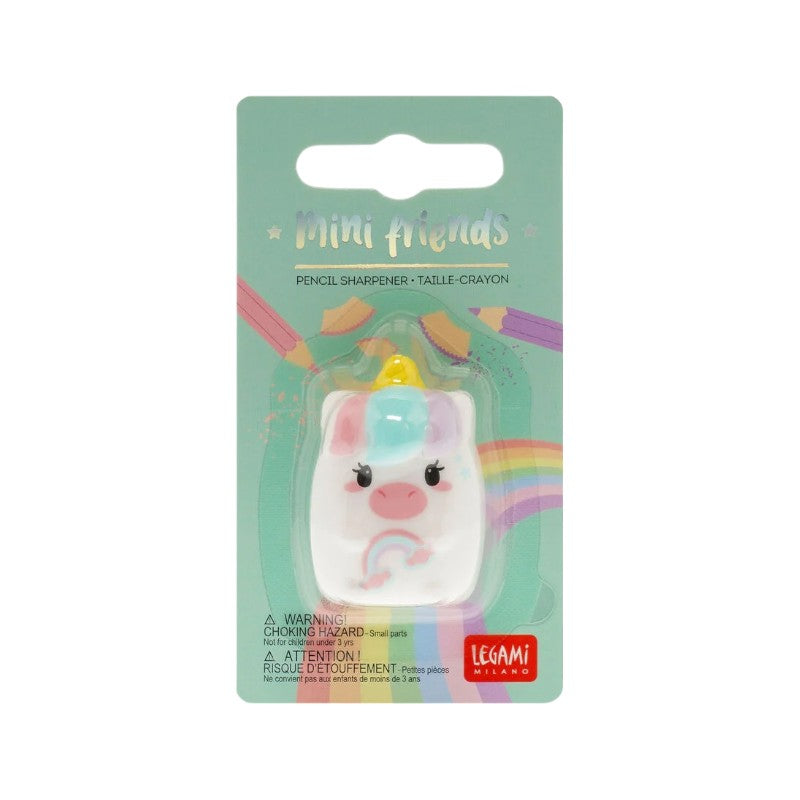 Bellissimo temperino legami a forma di unicorno con un arcobaleno rosa sulla pancia
