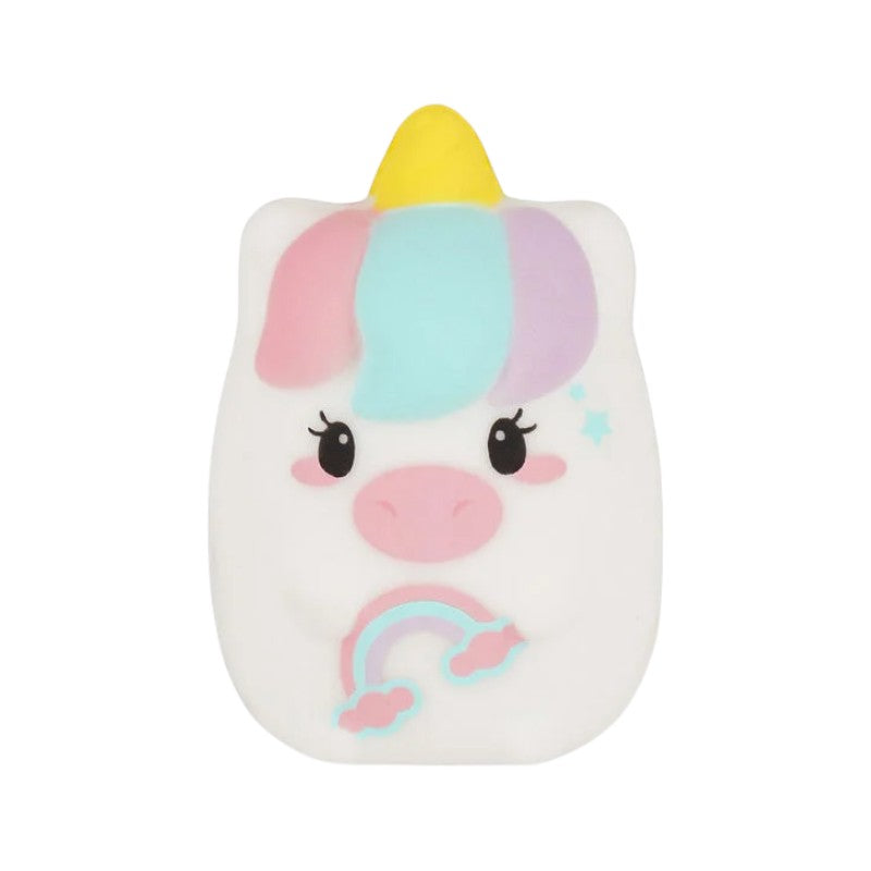 Bellissimo temperino legami a forma di unicorno con un arcobaleno rosa sulla pancia