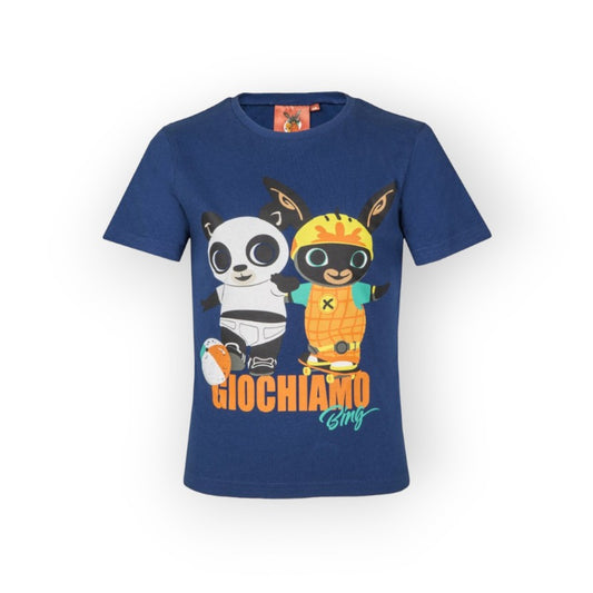 t-shirt per bambini blu scura design Bing con la scritta Giochiamo?
