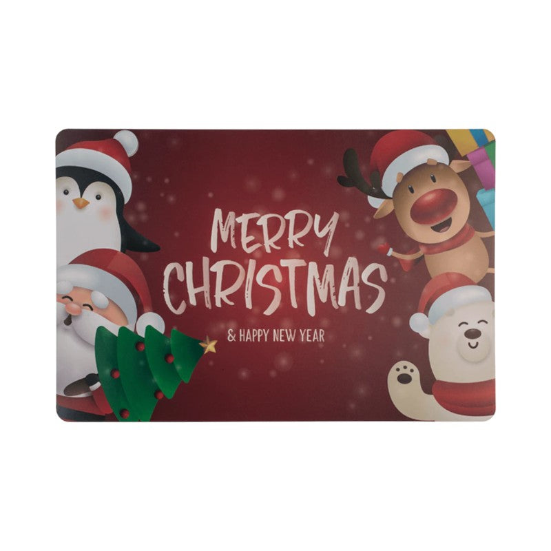 Bellissima tovaglietta natalizia con personaggi natalizi e la scritta "Merry Christmas"