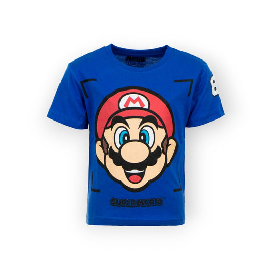 T-shirt maglietta per bambini a tema Super Mario. Colore blu con la faccia di Mario