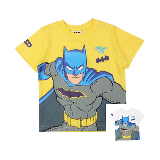 maglietta per bambini design Batman. Colore giallo con il disegno del supereroe in primo piano