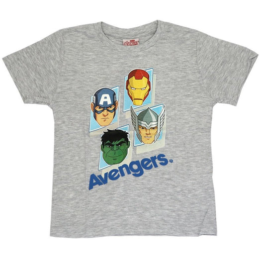 t-shirt per bambini grigia con disegnati i volti dei 4 avengers.