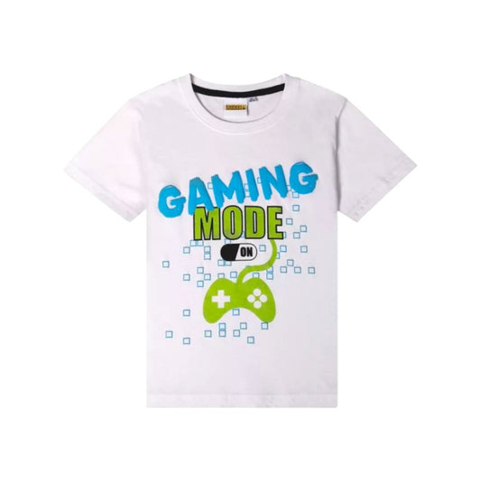 T-Shirt maglietta bambini e ragazzi tema gamer con scritta "Gaming mode: On" e disegno di un joystick
