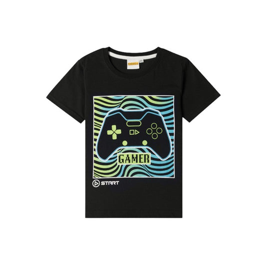 Bellissima t-shirt per bambini a tema videogiochi, nera con il disegno di un joystick