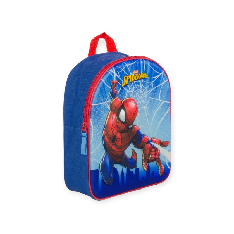 Bellissimo zainetto da asilo per bambini a tema Marvel. Sfondo azzurro con ragnatela e personaggio Spiderman in rilievo 3D