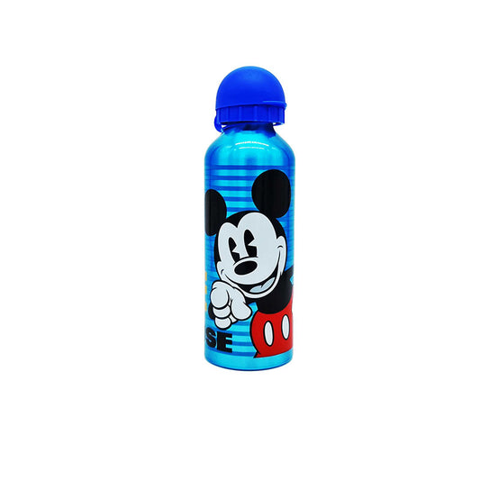 Fantastica borraccia in alluminio a tema Mickey Mouse. Borraccia blu ed azzurra con tappo blu e faccia di Topolino in primo piano. La borraccia è dotata del tappo con chiusura salva goccia