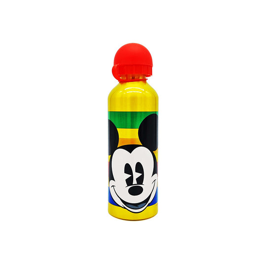 Fantastica borraccia in alluminio a tema Mickey Mouse. Borraccia dorata con tappo rosso e faccia di Topolino in primo piano. La borraccia è dotata del tappo con chiusura salva goccia