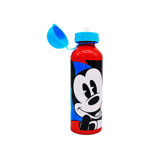 Fantastica borraccia in alluminio a tema Mickey Mouse. Borraccia rossa con tappo azzurro e faccia di Topolino in primo piano. La borraccia è dotata del tappo con chiusura salva goccia