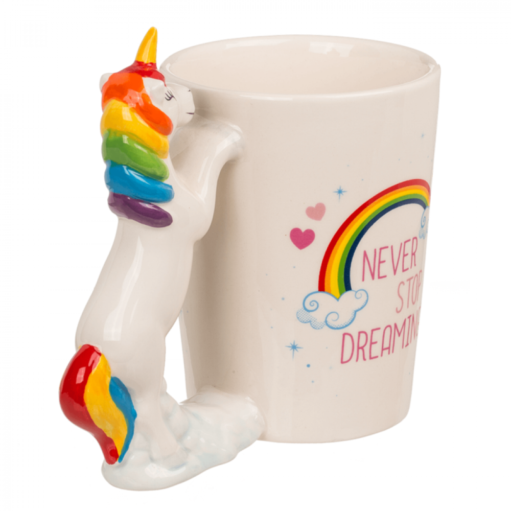 Tazza in ceramica di altissima qualità Unicorn "Never Stop Dreaming" arcobaleno con manico a forma di unicorno