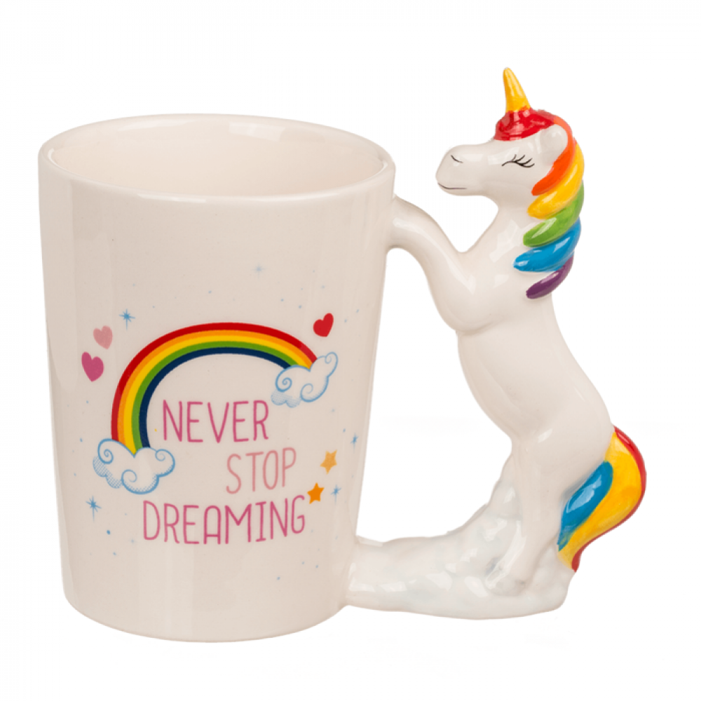 Tazza in ceramica di altissima qualità Unicorn "Never Stop Dreaming" arcobaleno con manico a forma di unicorno