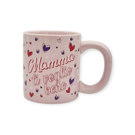 Fantastica tazza in ceramica rosa di altissima qualità. Design con cuoricini e scritta "Mamma ti voglio bene". Ottima idea regalo per la festa della mamma.