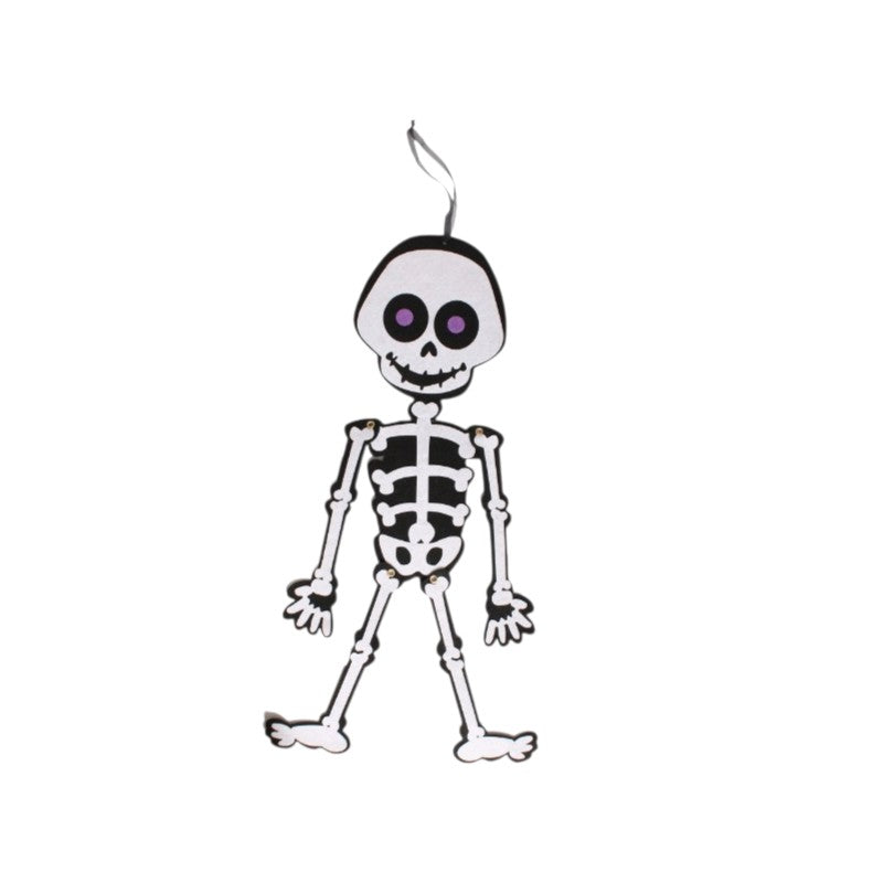 Scheletro di Halloween in feltro da appendere con arti snodabili: zucca arancione o teschio bianco, decorazione simpatica. Su Viano Shop!