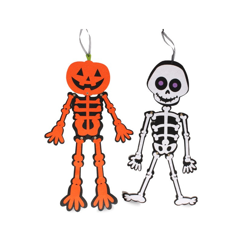 Scheletro di Halloween in feltro da appendere con arti snodabili: zucca arancione o teschio bianco, decorazione simpatica. Su Viano Shop!