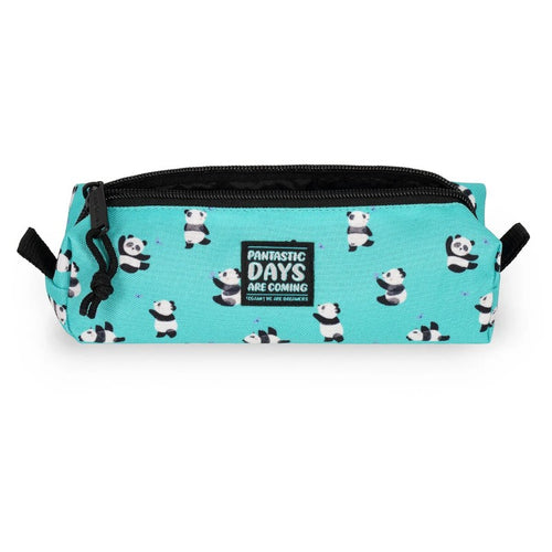 Astuccio Legami Pantastic Days Are Coming: tessuto verde acqua con pandini danzanti, zip con laccetto. Scopri il pencil case panda!