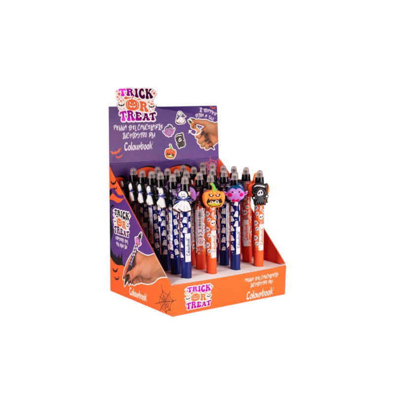 Penna gel cancellabile Colourbook Trick or Treat con topper Halloween che gira a 360°, inchiostro blu. Scoprila su Viano Shop!