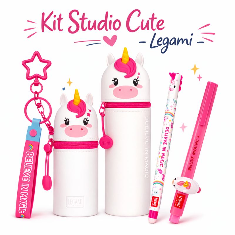 Set Completo cartoleria studio legami composto da: Astuccio Kawaii, un mini kawaii, una penna cancellabile ed una penna lovely friends. Tutte dello stesso personaggio