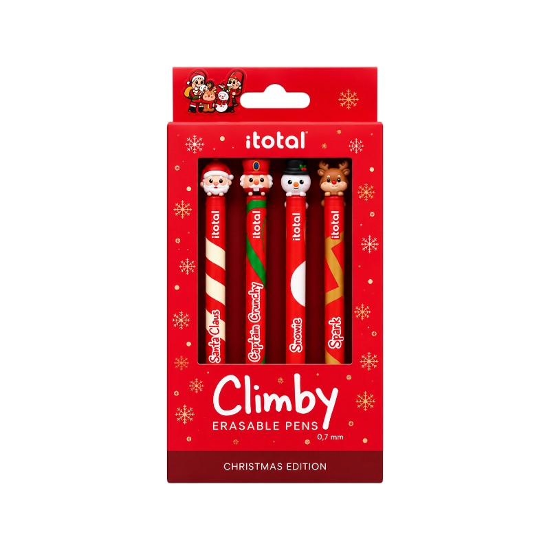 Set 4 penne cancellabili I-Total Climby Christmas Edition con Babbo Natale, schiaccianoci, pupazzo di neve e renna, punta 0,7 mm. Su Viano Shop!