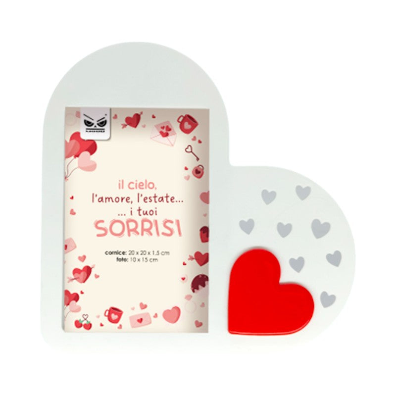 Bellissima cornice portafoto a forma di cuore per San Valentino, bianca con dettagli rossi.