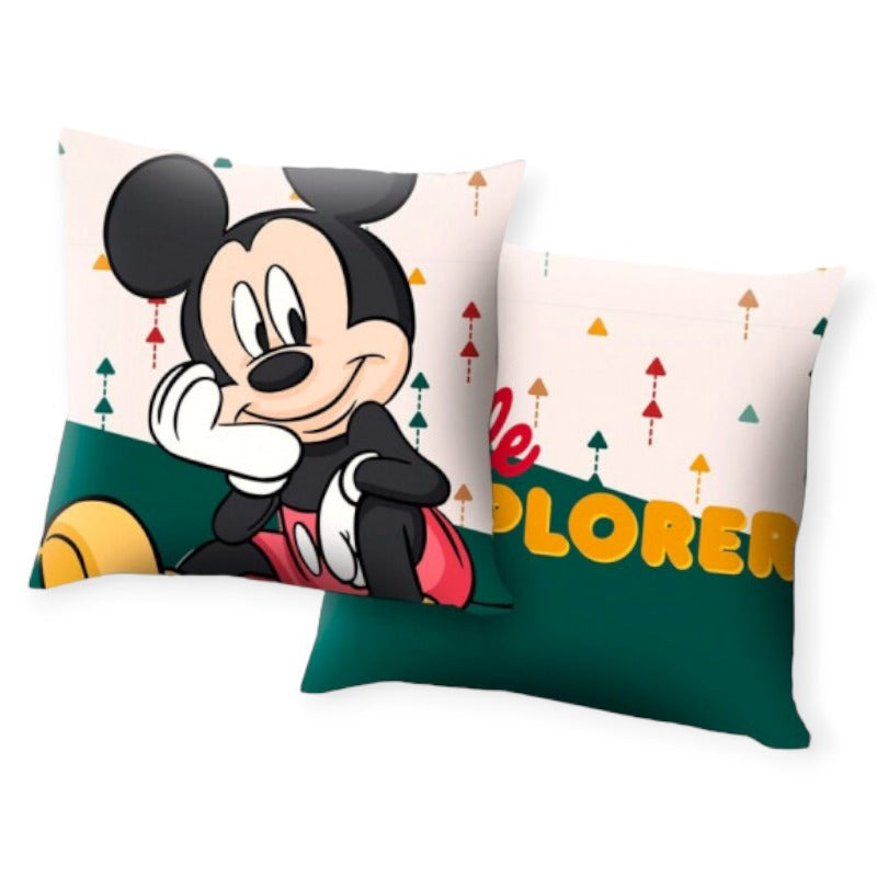 Cuscino 40x40cm Disney mickey mouse con topolino in primo piano e sfondo bianco e verde scuro "Explorer"