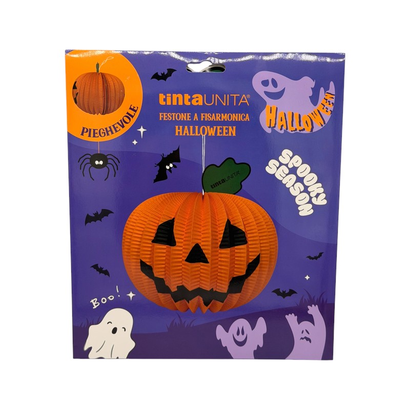 Festone a fisarmonica Halloween Tinta Unita a forma di zucca o ragno: decorazione pieghevole da appendere o appoggiare. Su Viano Shop!