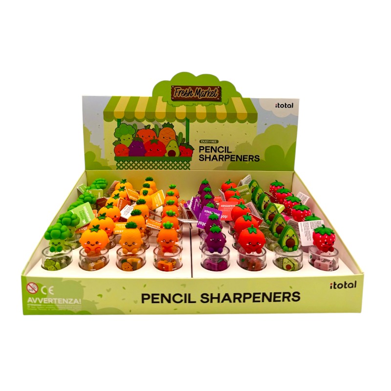 Temperini kawaii I-Total Fresh Market — con raccoglitore dust-free, soggetti frutta e verdura. Regalo originale e utile per bambini a scuola.