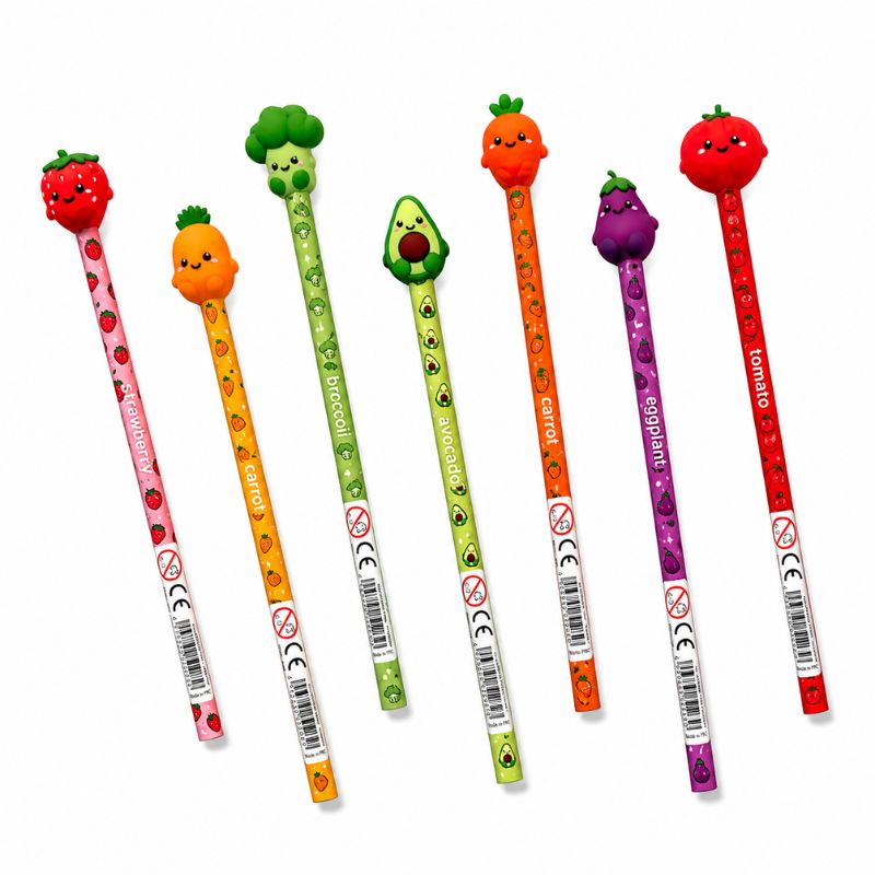 Matite HB kawaii I-Total Fresh Market: fusto glitter e topper 3D frutta e verdura. Da collezione, perfette per scuola e regalo originale per bambini!
