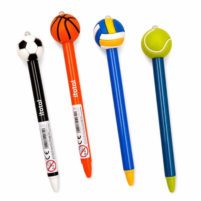 Penne cancellabili sport I-Total: topper 3D pallone in silicone, inchiostro blu. Calcio, basket, tennis e volley. Regalo originale per bambini sportivi!
