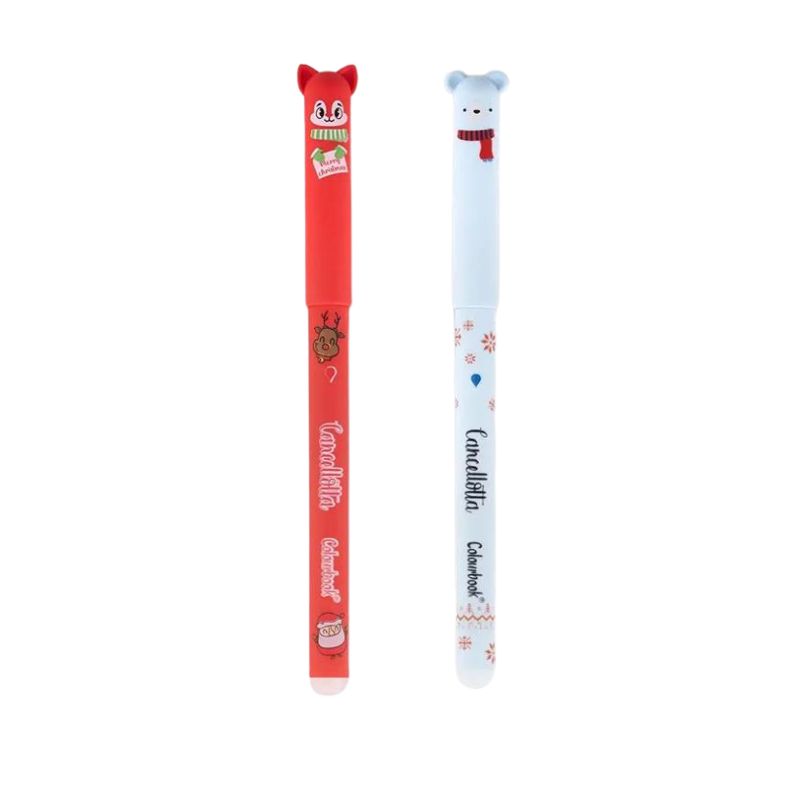 Set 2 penne cancellabili Colourbook Cancellotte Christmas Special Edition, inchiostro blu e rosso, in blister ad albero. Su Viano Shop!