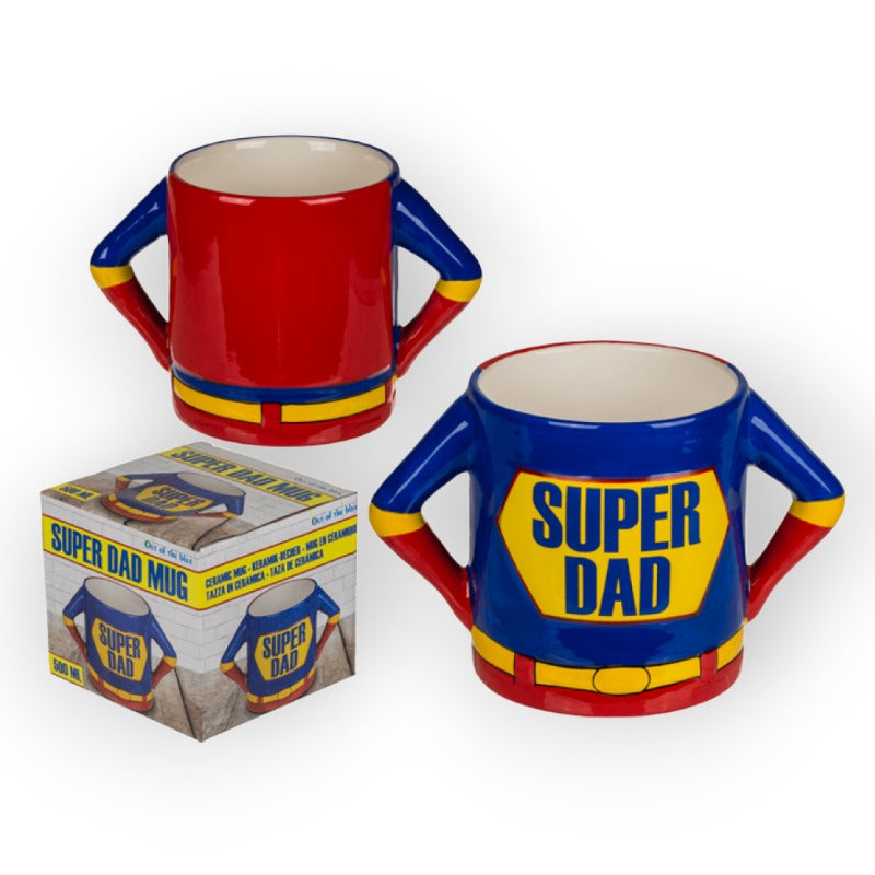 Tazza in ceramica di alta qualità dedicata ai super papà. Design classico da supereroe di colore blu con cintura gialla e fondo rosso e la scritta "Super dad"