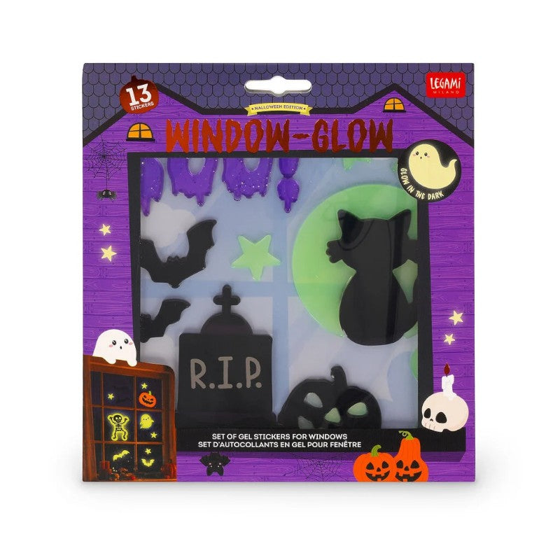 Set adesivi gel Legami Window-Glow: 13 stickers gatto, lapide e zucca glow in the dark per finestre. Edizione limitata Halloween!