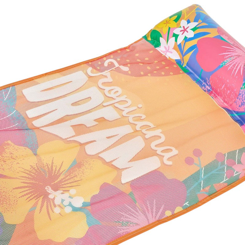 Amaca gonfiabile Legami Tropicana Dream 135x74cm: rete a contatto acqua, doppia camera, 90kg, toppa inclusa. Design floreale tropicale. Per piscina e mare!
