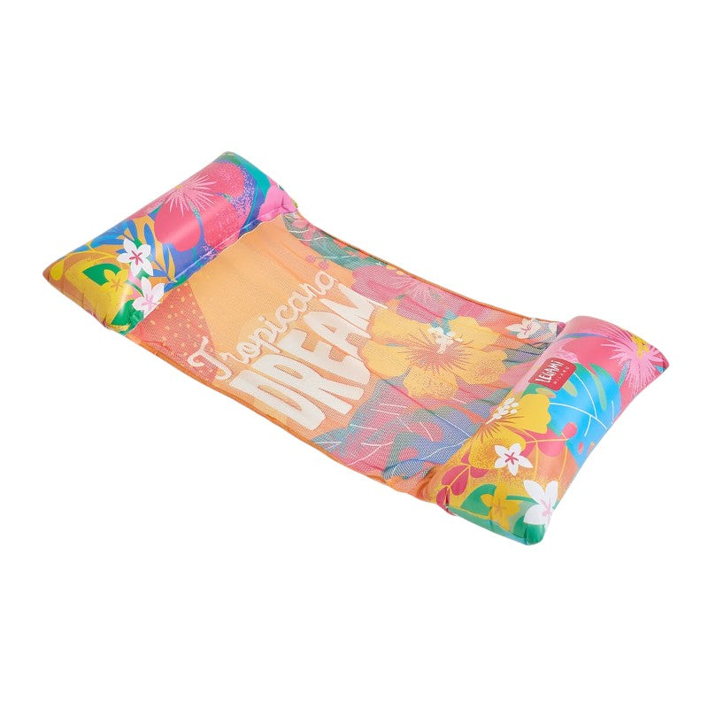 Amaca gonfiabile Legami Tropicana Dream 135x74cm: rete a contatto acqua, doppia camera, 90kg, toppa inclusa. Design floreale tropicale. Per piscina e mare!
