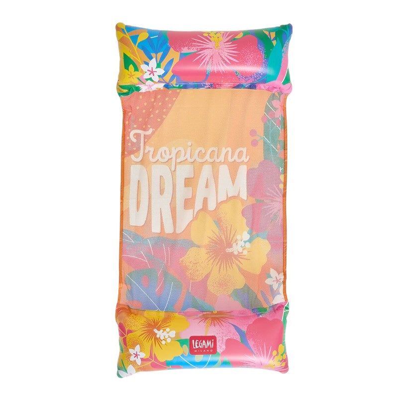 Amaca gonfiabile Legami Tropicana Dream 135x74cm: rete a contatto acqua, doppia camera, 90kg, toppa inclusa. Design floreale tropicale. Per piscina e mare!

