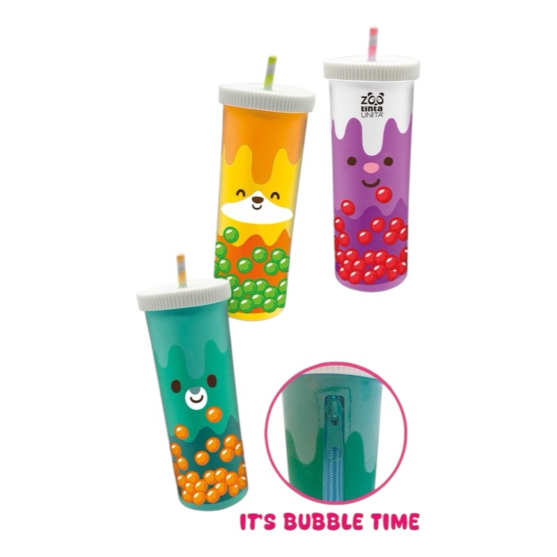 Astuccio tinta unita collezione bubble tea, a forma di bevanda con cannuccia, 3 colori disponibili con zip resistente sul retro