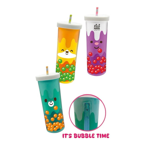 Astuccio tinta unita collezione bubble tea, a forma di bevanda con cannuccia, 3 colori disponibili con zip resistente sul retro