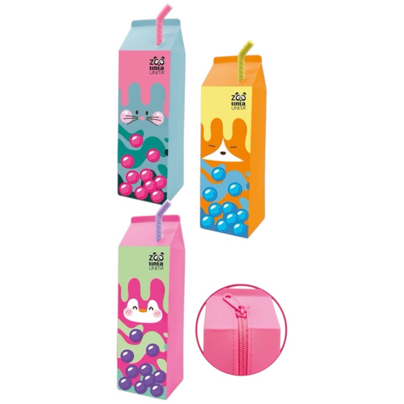 Astuccio tinta unita collezione bubble tea a fomra di cartoccio bevanda con cannuccia, 3 colori disponibili con zip resistente sul retro.