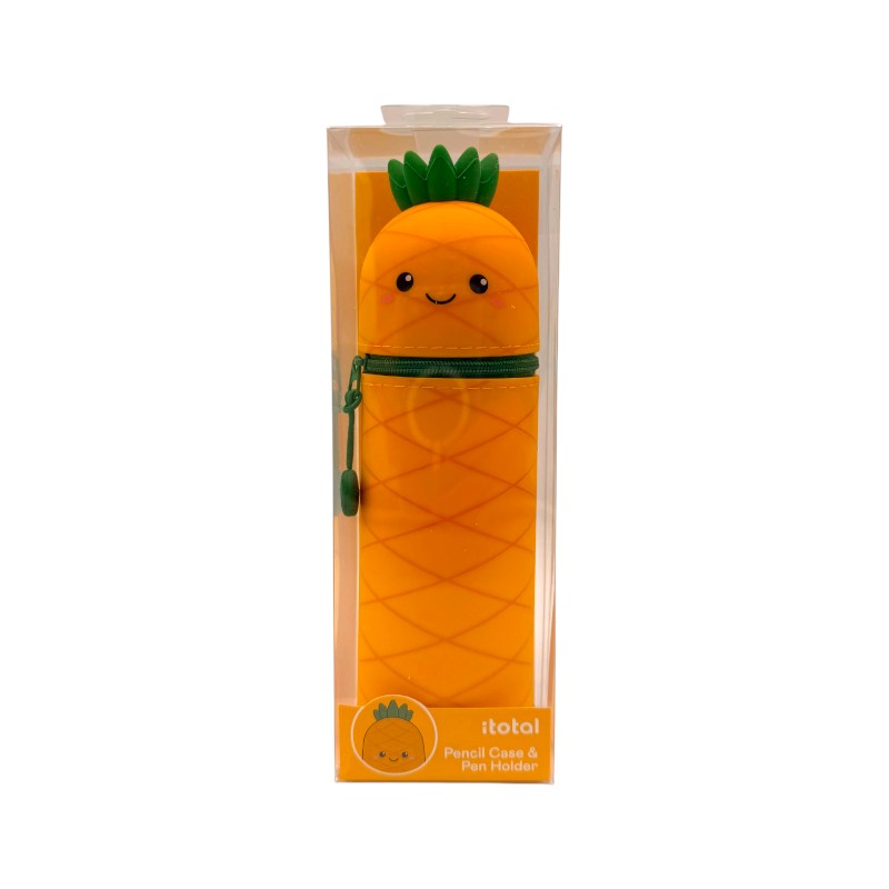 Astuccio kawaii ananas I-Total Fresh Market — silicone morbido arancio, faccina sorridente, zip verde. Regalo originale per la scuola. 