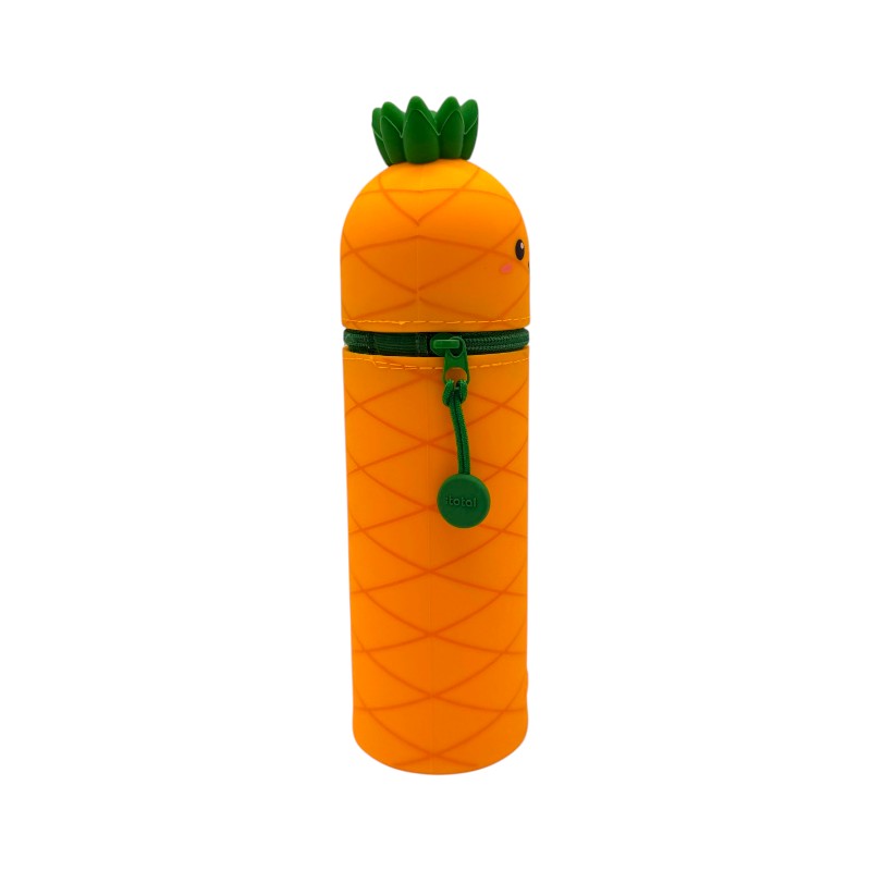 Astuccio kawaii ananas I-Total Fresh Market — silicone morbido arancio, faccina sorridente, zip verde. Regalo originale per la scuola. 