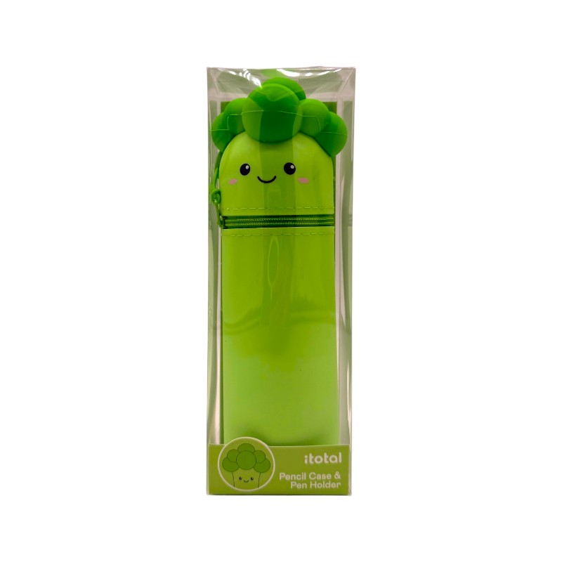 Astuccio kawaii broccolo I-Total Fresh Market — silicone morbido verde, faccina sorridente, zip verde. Regalo originale e sorprendente per la scuola. 
