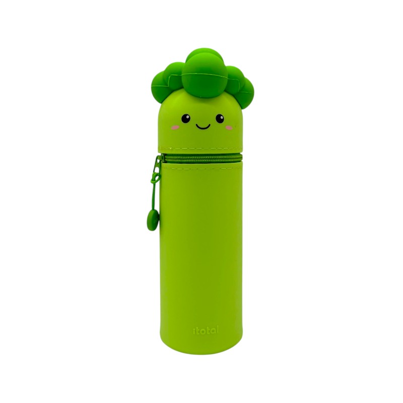 Astuccio kawaii broccolo I-Total Fresh Market — silicone morbido verde, faccina sorridente, zip verde. Regalo originale e sorprendente per la scuola. 