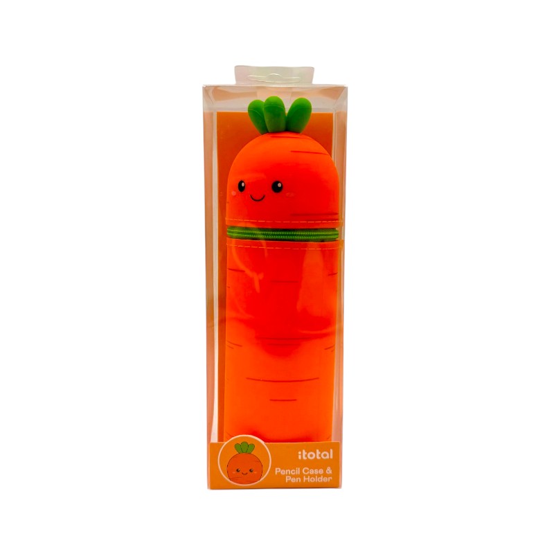 Astuccio kawaii carota I-Total Fresh Market — silicone morbido arancio, faccina sorridente, zip verde. Regalo originale e colorato per la scuola.