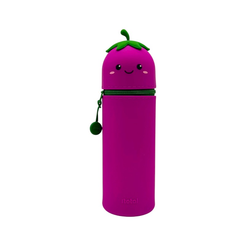 Astuccio kawaii melanzana I-Total Fresh Market — silicone morbido viola, faccina sorridente, zip verde. Regalo originale e sorprendente per la scuola. 