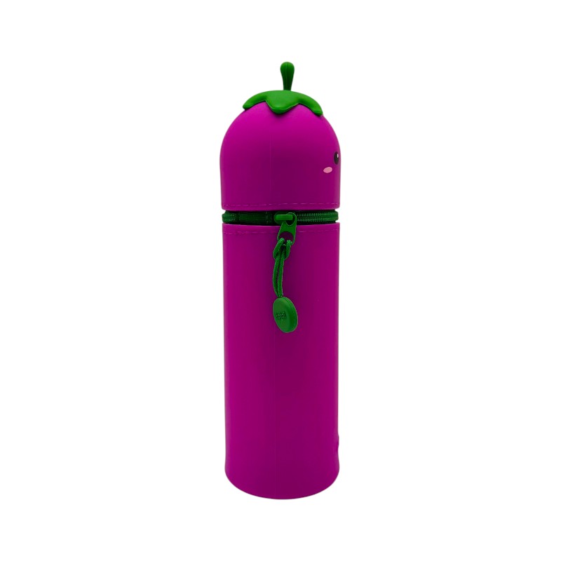 Astuccio kawaii melanzana I-Total Fresh Market — silicone morbido viola, faccina sorridente, zip verde. Regalo originale e sorprendente per la scuola. 