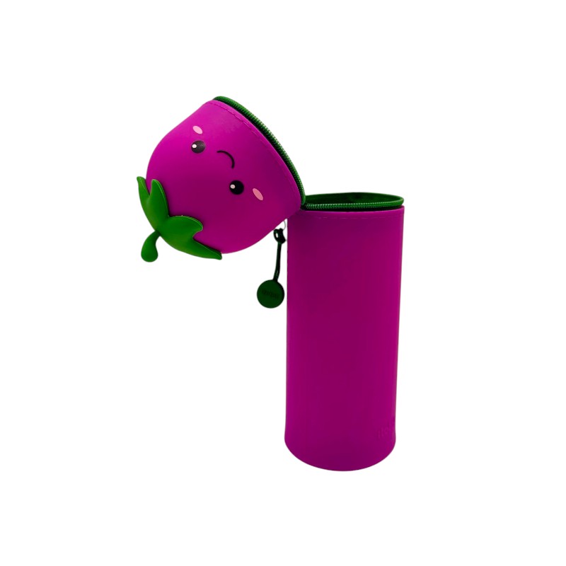 Astuccio kawaii melanzana I-Total Fresh Market — silicone morbido viola, faccina sorridente, zip verde. Regalo originale e sorprendente per la scuola. 