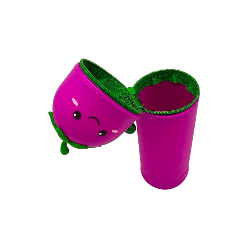 Astuccio kawaii melanzana I-Total Fresh Market — silicone morbido viola, faccina sorridente, zip verde. Regalo originale e sorprendente per la scuola. 